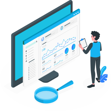 Person som analyserar data p&aring; en stor sk&auml;rm med grafer och diagram, kopplad till e-handelsl&ouml;sningar och webbplatsoptimering.