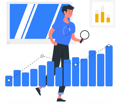 Person som analyserar f&ouml;rs&auml;ljningsdata med en f&ouml;rstoringsglas framf&ouml;r en graf som visar &ouml;kad l&ouml;nsamhet, inredning med moderna designelement.