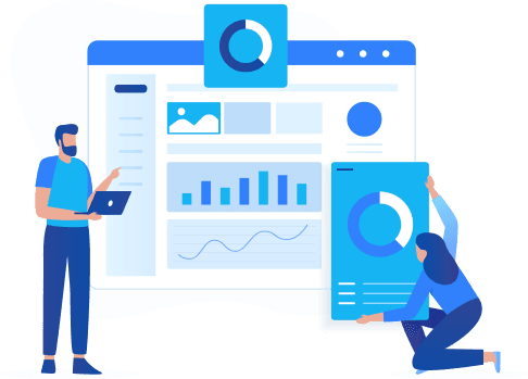 Illustration av personer som arbetar med en anv&auml;ndarv&auml;nlig webbplats, visar grafer och statistik, relaterat till e-handelsl&ouml;sningar och webbplatsf&ouml;rvaltning.