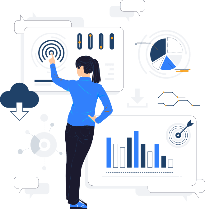 Kvinna i bl&aring; tr&ouml;ja interagerar med digitala dashboards och grafer, illustrerar anv&auml;ndarv&auml;nlighet och dataanalys f&ouml;r e-handel.