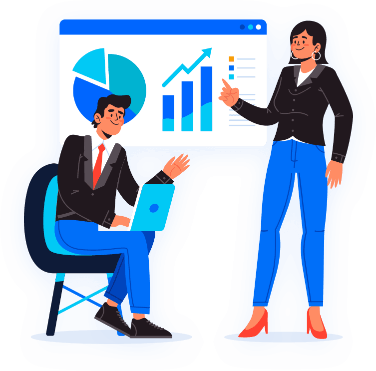 Illustration av aff&auml;rspresentation med en man som arbetar vid en laptop och en kvinna som visar grafisk data p&aring; en sk&auml;rm, relaterad till webbutveckling och digitala l&ouml;sningar.