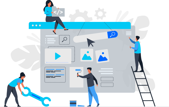 Illustration av ett team som arbetar med webbutveckling, inklusive kodning, design och anv&auml;ndargr&auml;nssnitt, med fokus p&aring; moderna webbplatser och teknologiska funktioner.