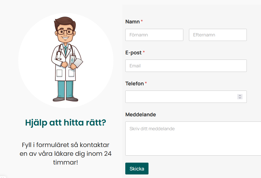 Tecknad läkare i vit rock med stetoskop, omgiven av kontaktformulär för RöntgenDirekt, med text som uppmanar användare att fylla i formuläret för att få hjälp inom 24 timmar.
