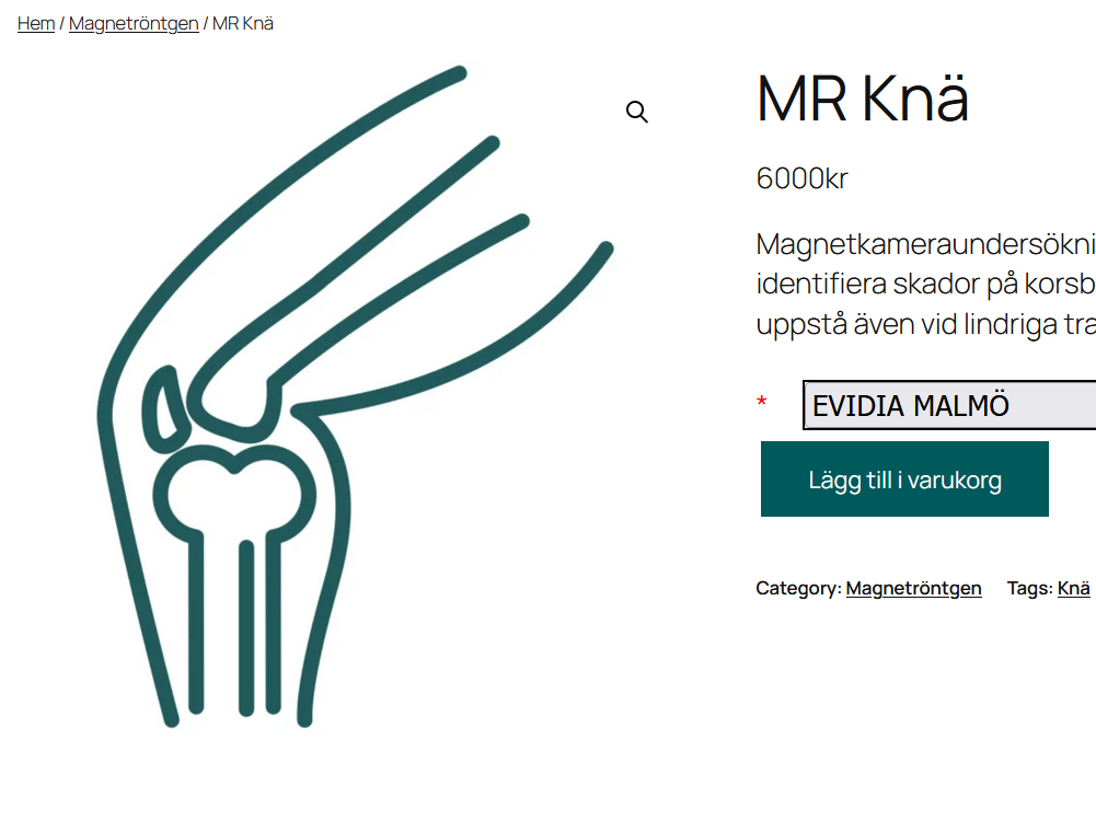 Illustration av knäled för MR-undersökning, med text "MR Knä" och prisinformation, relaterad till röntgentjänster utan remiss.