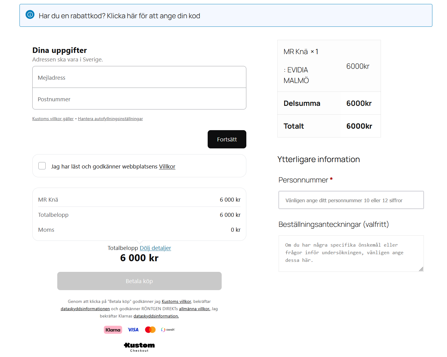 Bokningsformulär för röntgenundersökningar med betalningsinformation och krav på personnummer, relaterat till RöntgenDirekt-tjänster.
