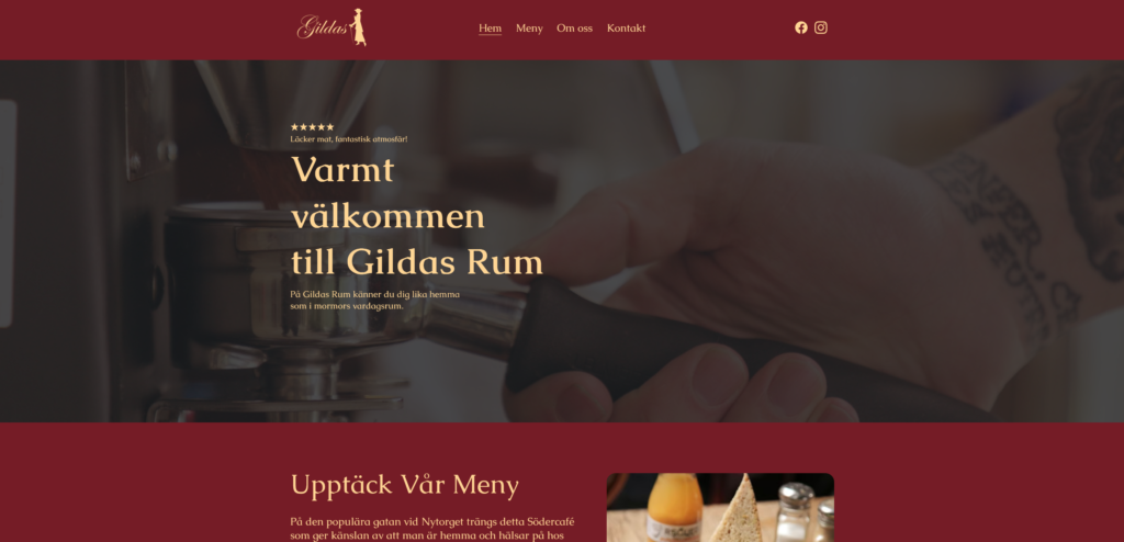 V&auml;lkommen till Gildas Rum med fokus p&aring; restaurangdesign, varm atmosf&auml;r och l&auml;cker mat, med en bild av espresso-maskin och hand som h&aring;ller i en kaffekopp.