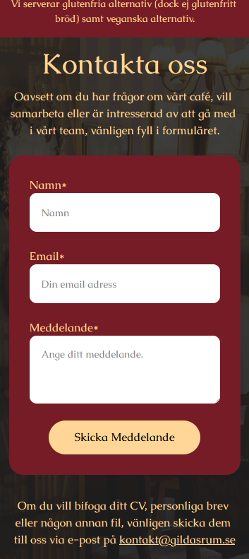 Kontaktformulär för Gildas Rum café, med fält för namn, e-post och meddelande, inramad av en elegant inredning.