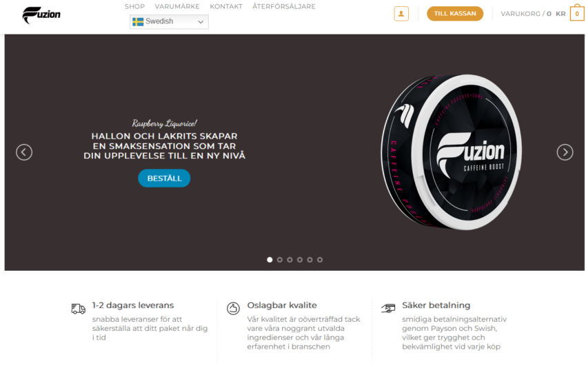 Fuzion snusburk med hallon- och lakritssmak, e-handelsdesign f&ouml;r webbutik, Enkelwebb portfolio.