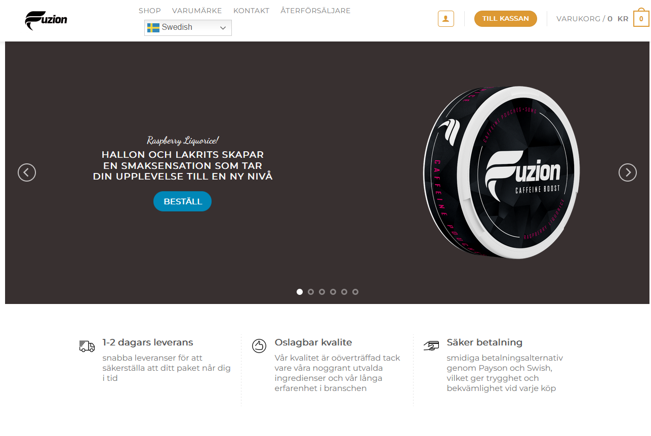 Fuzion Pouches produktbild med smak av hallon och lakrits, förpackning som betonar koffeinboost och innovativ smakupplevelse.