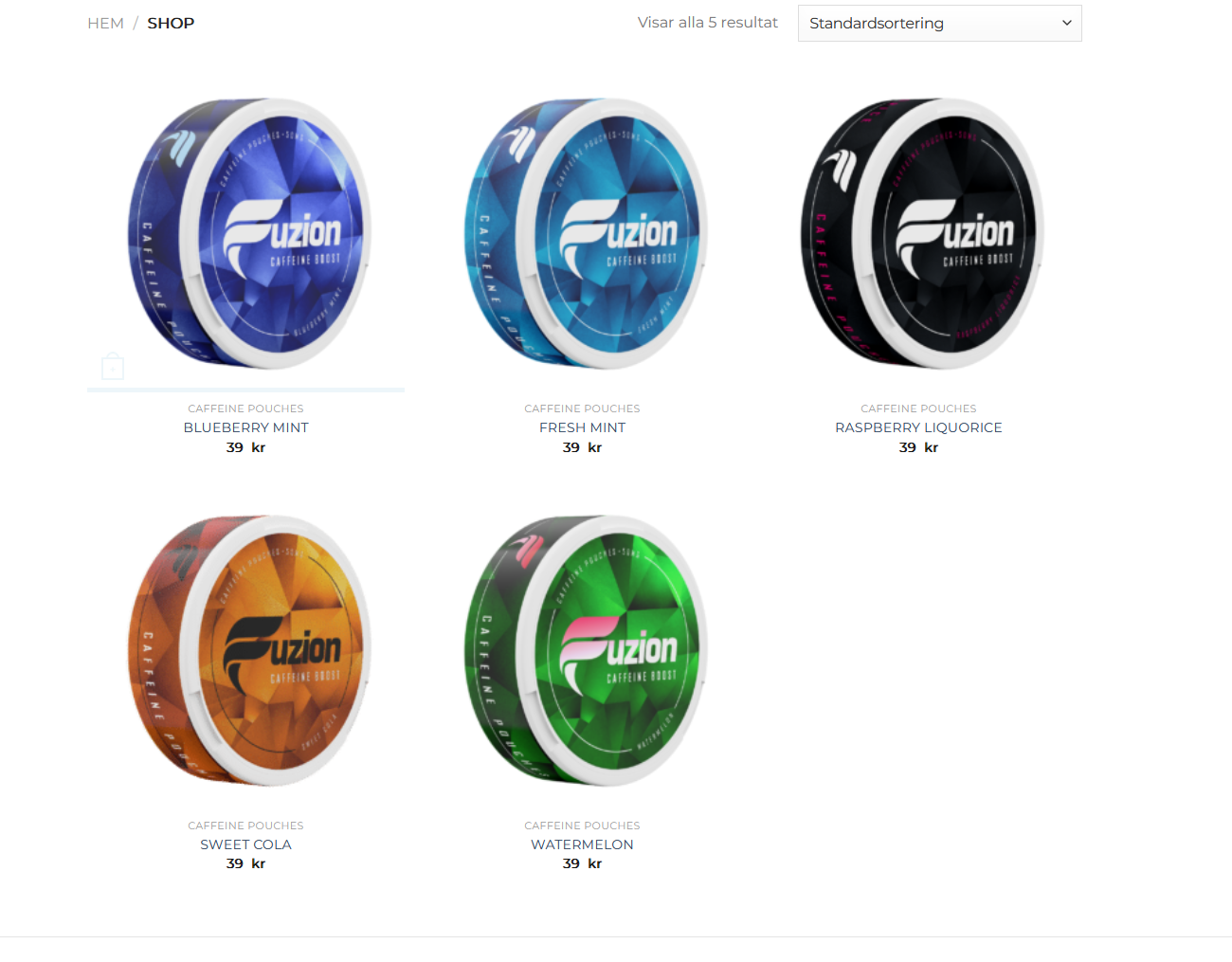 Fuzion Pouches caffeine pouches in various flavors: Blueberry Mint, Fresh Mint, Raspberry Liquorice, Sweet Cola, Watermelon; displayed in colorful packaging with price tags.