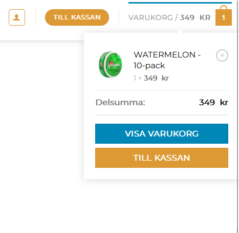 Kundvagnsöversikt med Fuzion Pouches vattenmelon 10-pack och totalbelopp på 349 kr, inklusive knappar för att visa varukorg och gå till kassan.