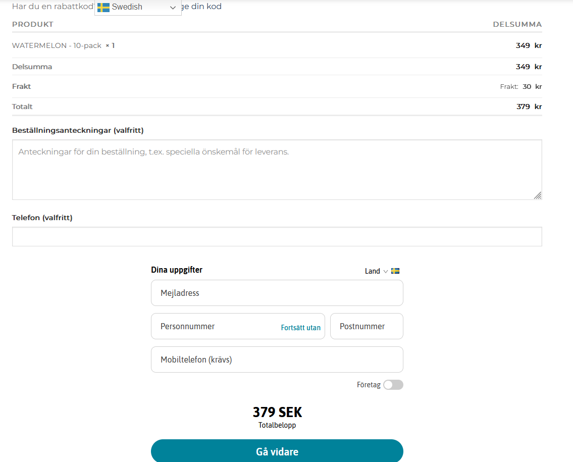 Kassa med beställningsinformation för Fuzion Pouches, inklusive produktnamn "WATERMELON - 10-pack", totalsumma 379 SEK och formulär för kunduppgifter.