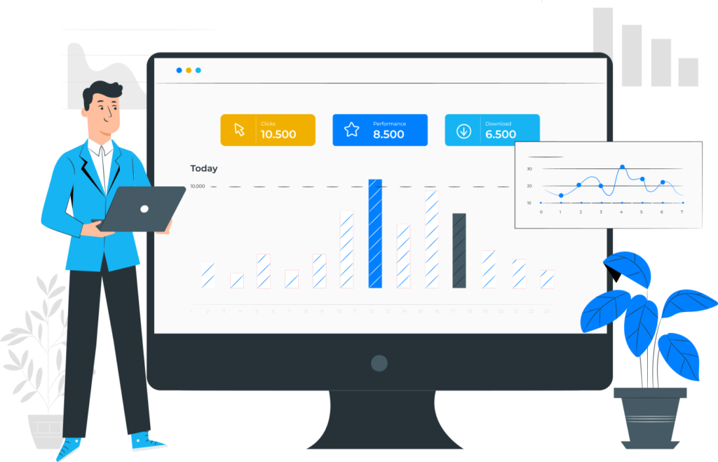Person i bl&aring; kostym som st&aring;r framf&ouml;r en datorsk&auml;rm med statistik och diagram, illustrerande analys och prestationer f&ouml;r e-handel.