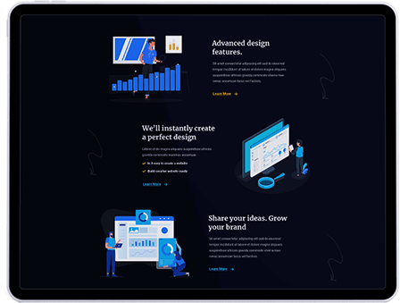 Sk&auml;rm av en surfplatta som visar avancerade designfunktioner, graf med upp&aring;tg&aring;ende trend och illustrationer av anv&auml;ndare som interagerar med webbutvecklingsverktyg, relaterat till Enkelwebbs skr&auml;ddarsydda e-handelsl&ouml;sningar.
