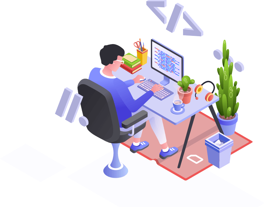 Person som programmerar vid dator med kod p&aring; sk&auml;rmen, omgiven av v&auml;xter och kontorsmaterial, i en modern arbetsmilj&ouml; f&ouml;r webbdesign.