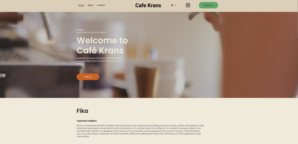 Caf&eacute; Krans webbsida med en v&auml;lkomnande text och information om fika, bel&auml;get i Gamla Stan, Stockholm.