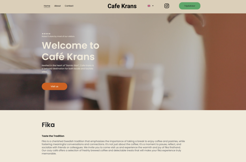 Caf&eacute; Krans website homepage featuring welcoming text, cozy atmosphere, and coffee cups, highlighting Swedish fika tradition for locals and tourists.