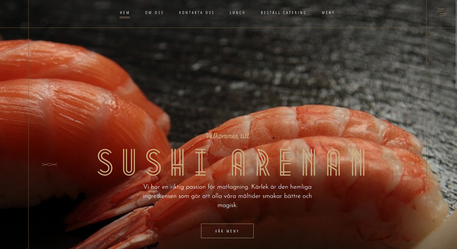 Sushi med räkor och ris, Sushiarena-logotyp, välkomnande design för sushi- och restaurangwebbplats.