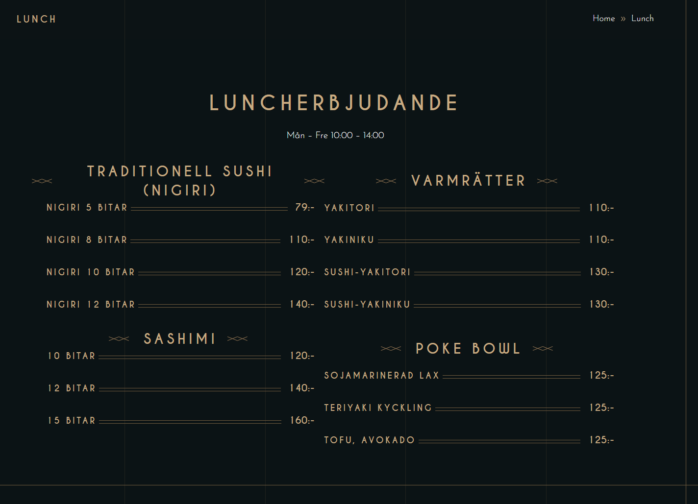 Luncherbjudande meny för Sushiarena med priser för traditionell sushi, sashimi, varmrätter och poke bowl, inklusive detaljerade rätter och portioner.