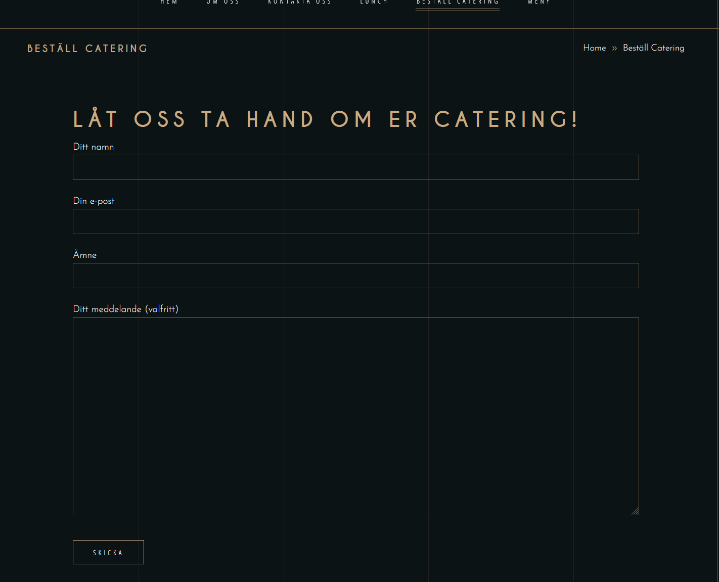 Beställningsformulär för catering på Sushiarena med fält för namn, e-post, ämne och meddelande.