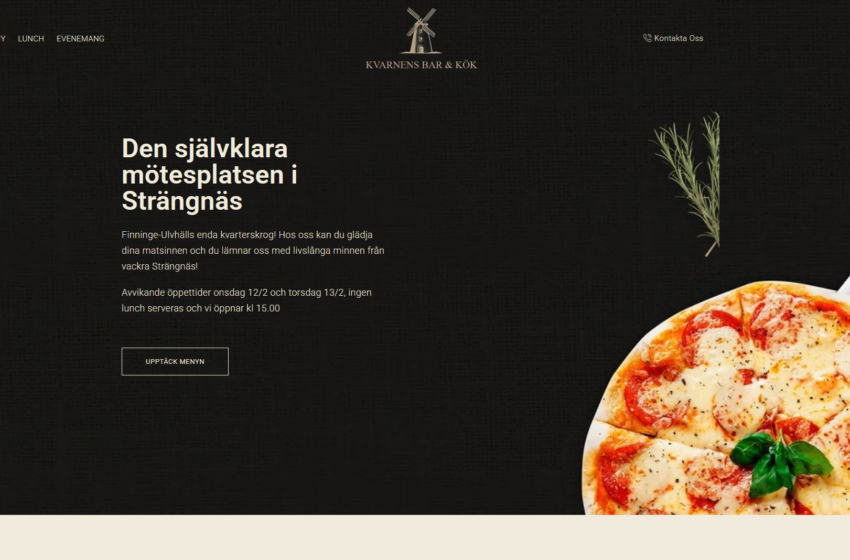 Kvarnens Bar & K&ouml;k hemsida med pizza och &ouml;rter, representerar restaurangens erbjudanden och atmosf&auml;r i Str&auml;ngn&auml;s.