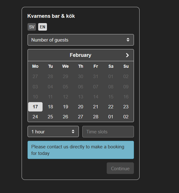 Bokningsformul&auml;r f&ouml;r Kvarnens Bar & K&ouml;k med kalender och g&auml;stnummer, uppmaning att kontakta direkt f&ouml;r bokning.