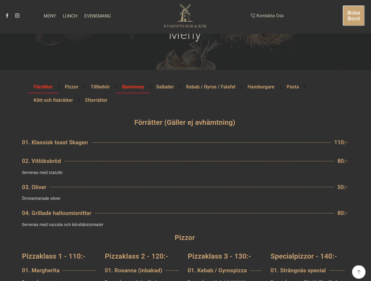 Meny&ouml;versikt f&ouml;r Kvarnens Bar & K&ouml;k med f&ouml;r- och pizzar&auml;tter, inklusive priser och r&auml;tter som Klassisk toast Skagen och Margherita.