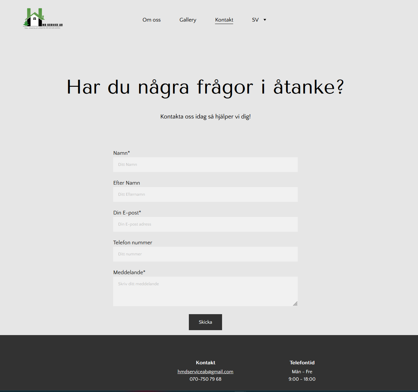 Kontaktformulär för HMD Service AB med fält för namn, efternamn, e-post, telefonnummer och meddelande, designat för att underlätta kundkommunikation och offertförfrågningar.