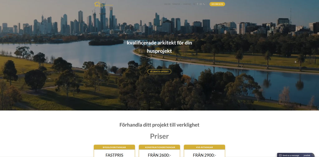 Kvalificerad arkitektur f&ouml;r byggprojekt med stadsbild och vattenreflektioner.