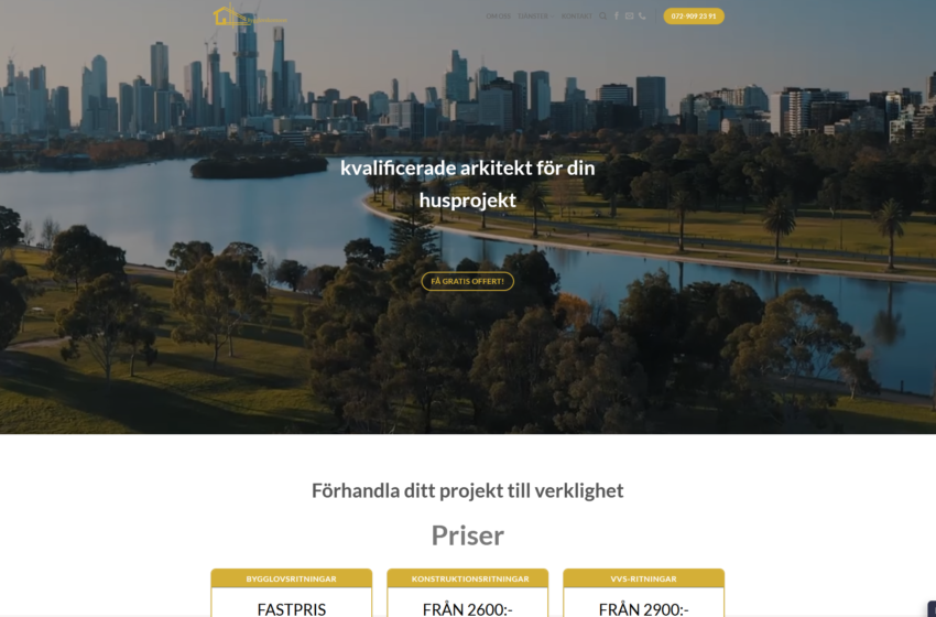 Vy &ouml;ver stadssilhuett med vatten och gr&ouml;nomr&aring;den, med fokus p&aring; kvalificerade arkitekter f&ouml;r husprojekt.