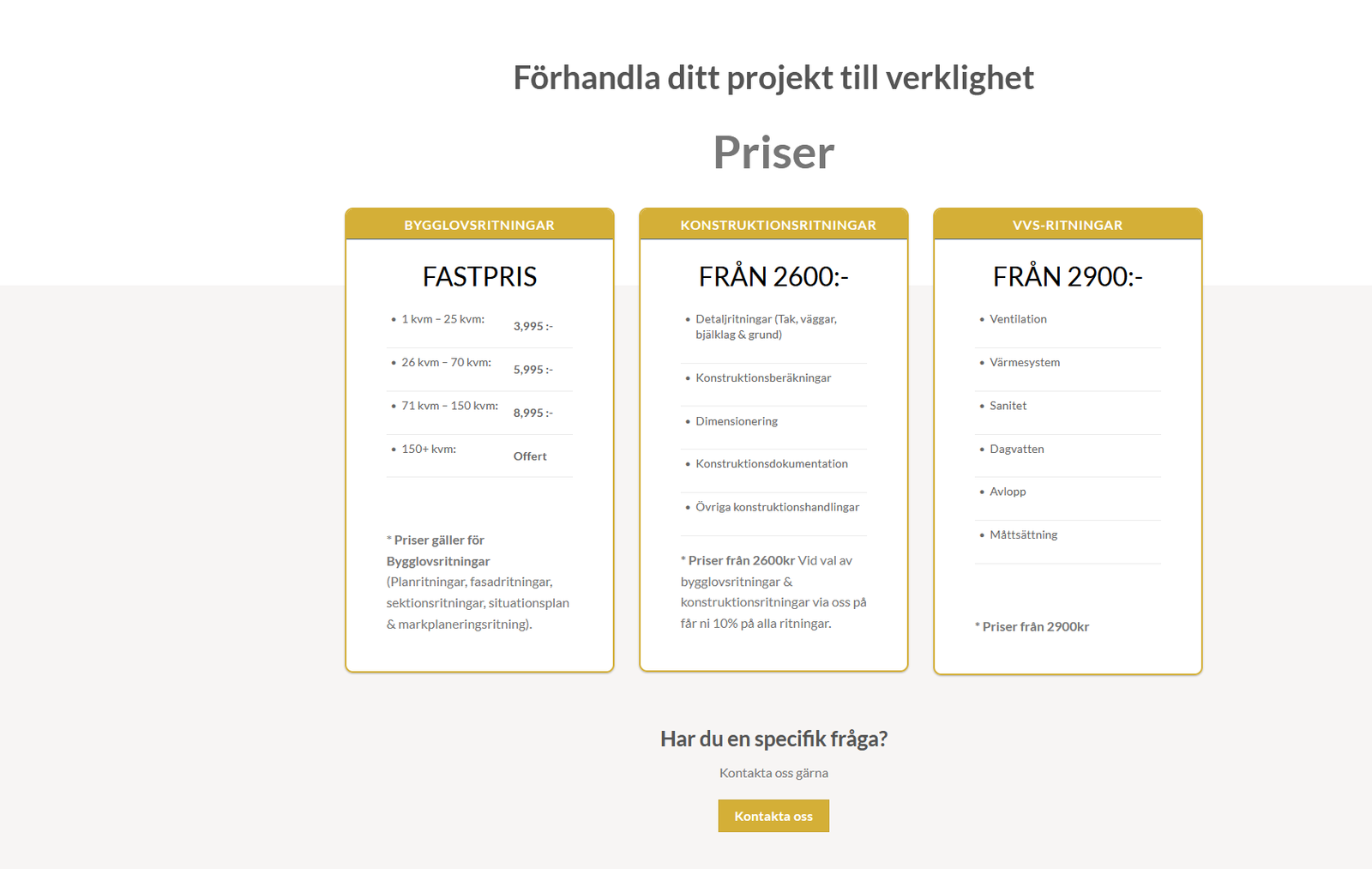 Priser för bygglovsritningar, konstruktionsritningar och VVS-ritningar med fasta priser och detaljerad tjänstebeskrivning.