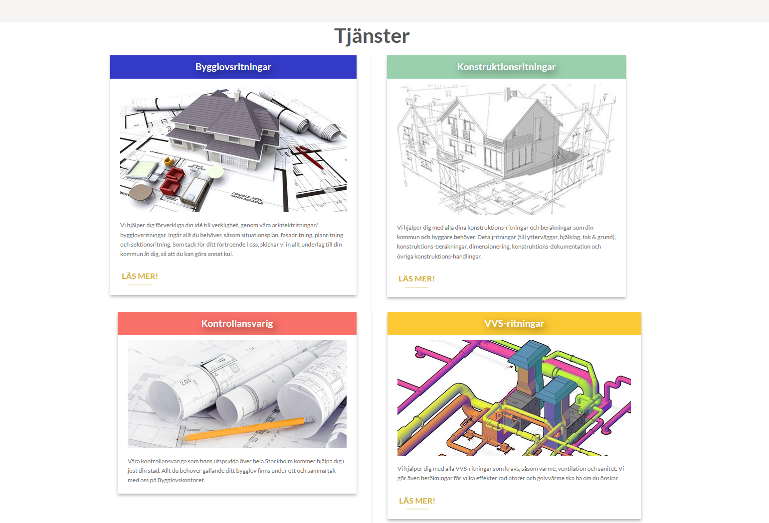 Bygglovskontoret tjänster, inklusive bygglovsritningar och konstruktionsritningar, med arkitektoniska skisser och tekniska detaljer.