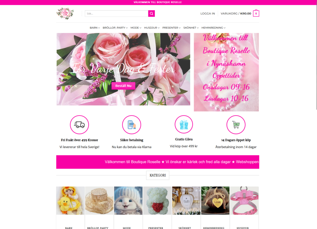 Webbutik med rosa blommor och smycken, v&auml;lkomnande text f&ouml;r Boutique Roselle, e-handelsdesign och funktioner.