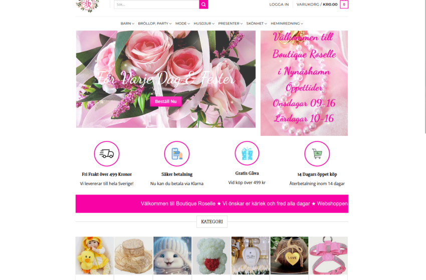 Blommor och dekorationer f&ouml;r fester, rosa och vita rosor, text "F&ouml;r Varje Dag & Fester", webbshop med erbjudanden och &ouml;ppettider f&ouml;r Boutique Roselle.