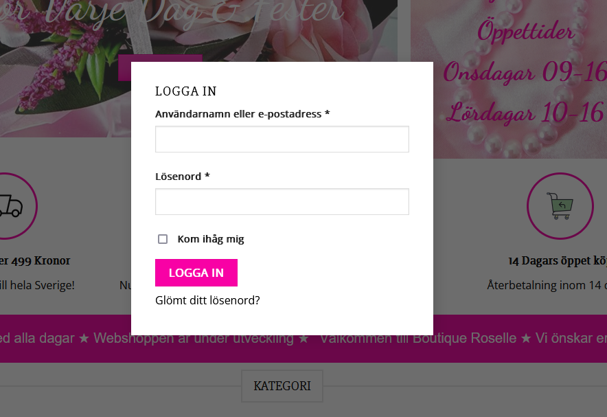 Inloggningsruta för Boutique Roselle med fält för användarnamn och lösenord, samt knapp för att logga in, i en färgglad och användarvänlig design.