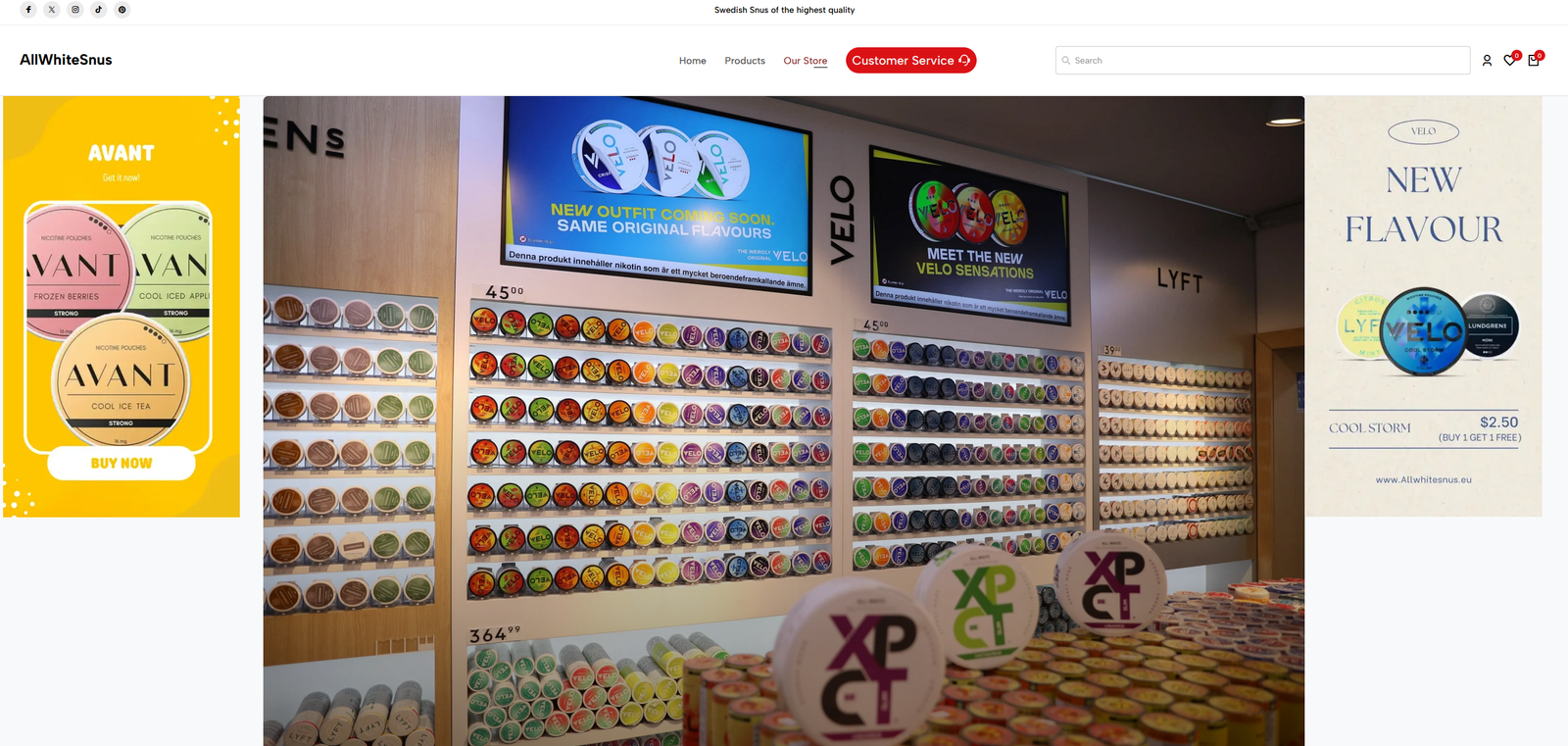 AllWhiteSnus display featuring a variety of premium nicotine pouches, including brands like AVANT and VELO, with promotional signage for new flavors and pricing details.