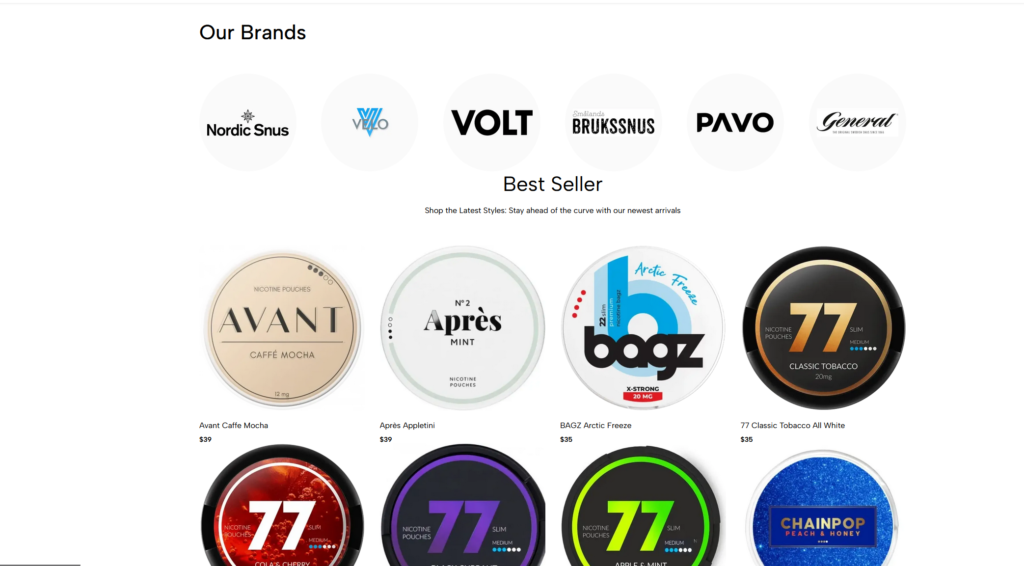 V&aring;r lista &ouml;ver varum&auml;rken med produkter som Avant Caffe Mocha, Apr&egrave;s Appletini, BAGZ Arctic Freeze och 77 Classic Tobacco, fokuserat p&aring; e-handelsl&ouml;sningar f&ouml;r snus och nikotinp&aring;sar.