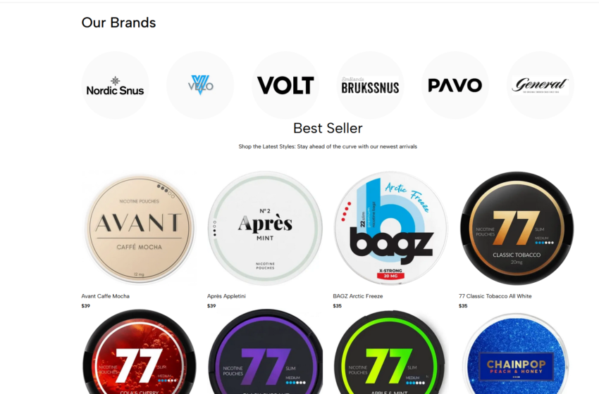 Webbplatsdesign av Enkelwebb, med exempel p&aring; e-handelsprodukter som nikotinp&aring;sar och varum&auml;rken som Nordic Snus och Volt.