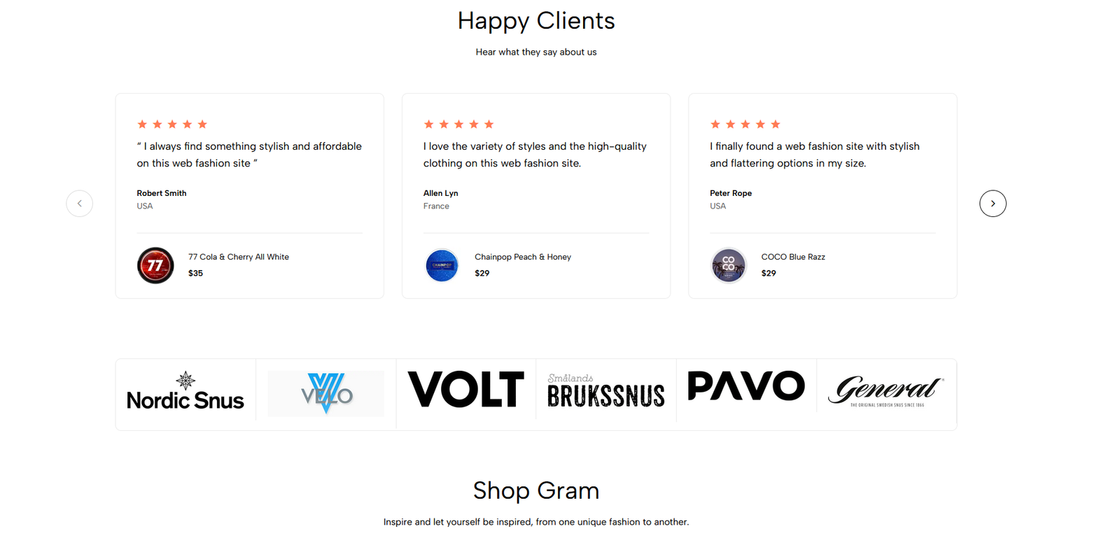 AllWhiteSnus premium nikotinpåsar med olika smaker och priser, inklusive kundrecensioner och betyg.