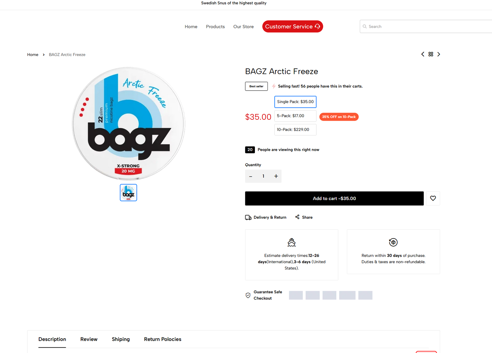 BAGZ Arctic Freeze nicotine pouch packaging with product details, emphasizing premium quality and strong flavor, suitable for online shopping at Allwhitesnus.