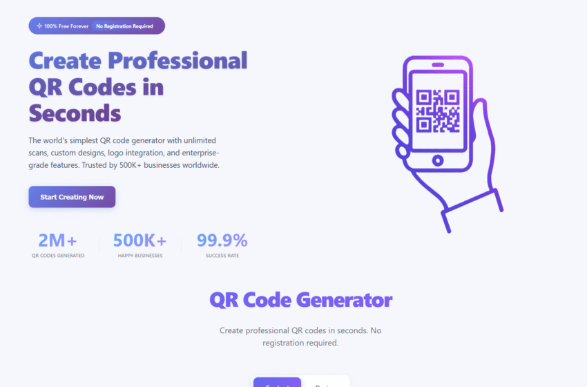 Sk&auml;rmavbild av en QR-kodgenerator p&aring; en smartphone, som visar en QR-kod och framh&auml;ver enkelhet och snabbhet i att skapa professionella QR-koder.