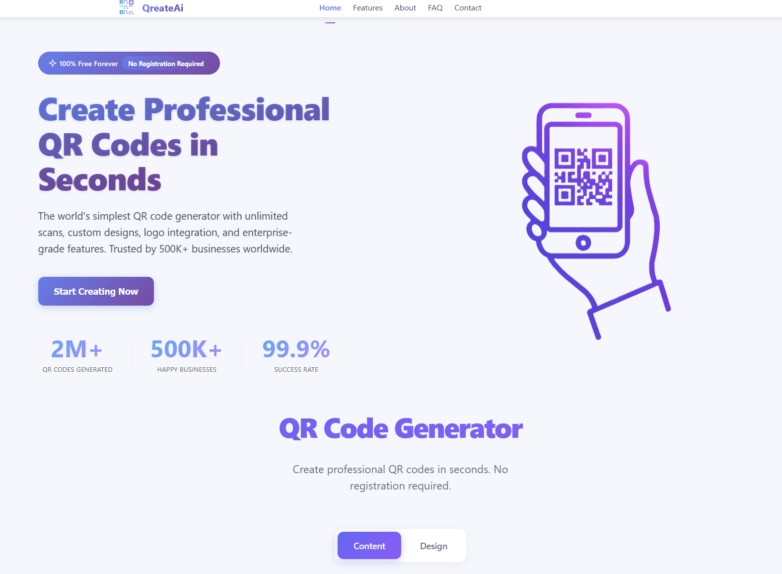 Hand som h&aring;ller smartphone med QR-kod, illustrerar QreateAi QR-kodgenerator f&ouml;r professionell anv&auml;ndning.