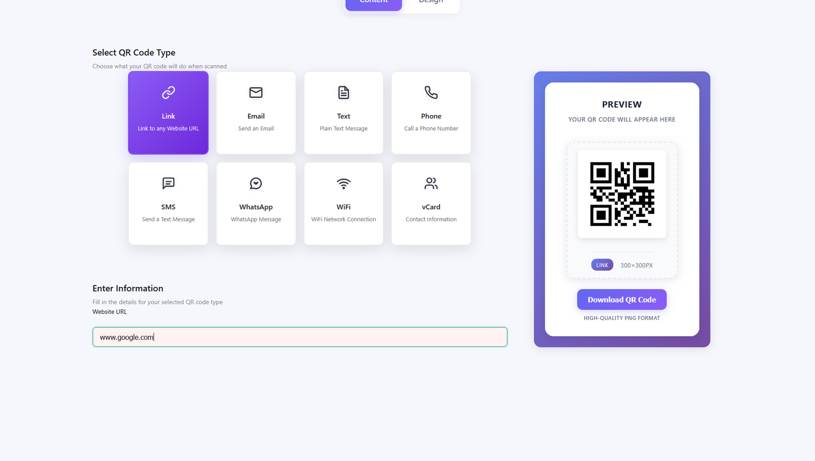 Anv&auml;ndargr&auml;nssnitt f&ouml;r QR-kodsgenerering med alternativ f&ouml;r l&auml;nk, e-post, SMS och WhatsApp, med f&ouml;rhandsvisning av QR-koden och inmatningsf&auml;lt f&ouml;r webbplats-URL.