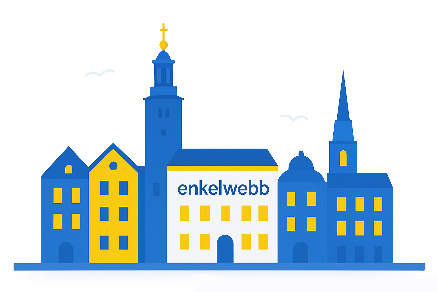 Stiliserad stadsbild med byggnader i blått och gult, inklusive en central byggnad med texten "enkeltwebb", som representerar Enkelwebb, ett webdesignföretag.